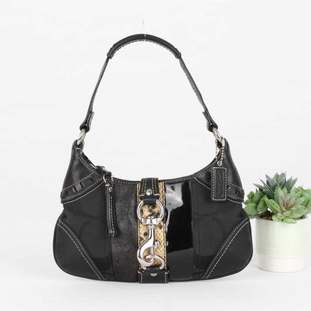 Coach Hampton 10287 Black Signature Leather Mini Shoulder Bag w/Snakeskin Stripe